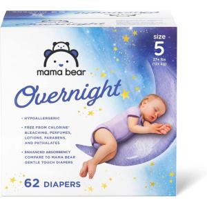 imageAmazon Brand  Mama Bear Disposable Overnight Baby Diapers Hypoallergenic Night Time Protection Size 4 74 Count WhiteSize 5 62 Count