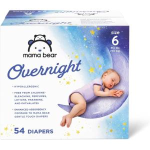imageAmazon Brand  Mama Bear Disposable Overnight Baby Diapers Hypoallergenic Night Time Protection Size 4 74 Count WhiteSize 6 54 Count