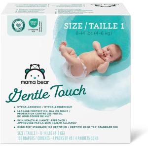 imageAmazon Brand  Mama Bear Gentle Touch Diapers Size 1 196 Count 4 packs of 49Size 1 196 Count