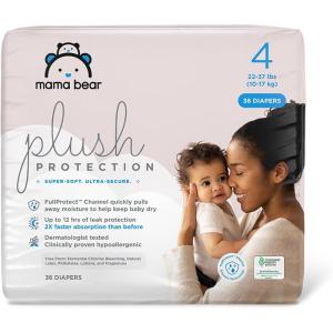 imageAmazon Brand  Mama Bear Plush Protection Diapers  Size Newborn One Month Supply Hypoallergenic Premium Disposable Baby Diapers 128 Count Pack of 4 White and Cloud DreamsSize 4 36 Count