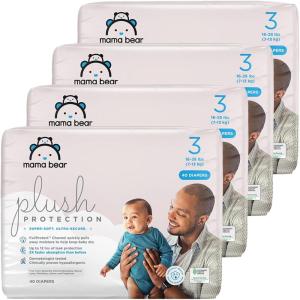 imageAmazon Brand  Mama Bear Plush Protection Diapers  Size Newborn One Month Supply Hypoallergenic Premium Disposable Baby Diapers 128 Count Pack of 4 White and Cloud DreamsSize 3 160 Count