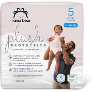imageAmazon Brand  Mama Bear Plush Protection Diapers  Size Newborn One Month Supply Hypoallergenic Premium Disposable Baby Diapers 128 Count Pack of 4 White and Cloud DreamsSize 5 31 Count
